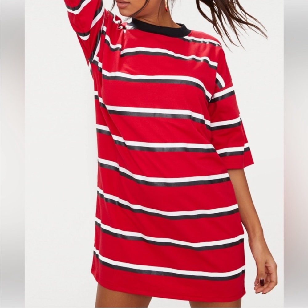 Prettylittlething Red Contrast Stripe Oversized Boyfriend T Shirt Dress